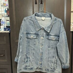 Arula Denim Jacket with Happy Faces on the back.  Size A which is a 1X